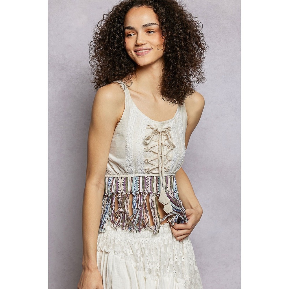 POL Lace-Up Fringe Hem Tank with Lace Detail - Large - Picture 2 of 6